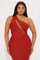 Copper Bandage Midi Dress – One Shoulder Sleeveless with Lace-Up & Slit Back(Copper,XS)