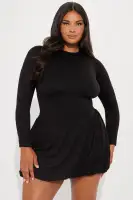 Elegant Black Mini Dress with Corset Waist & Bubble Hem – High Neck Long Sleeve Stretch Polyester(Black,XS)