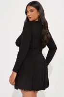 Elegant Black Mini Dress with Corset Waist & Bubble Hem – High Neck Long Sleeve Stretch Polyester(Black,XS)