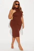Stylish Sweater Midi Dress - Sleeveless Mock Neck in Hunter & Cognac | Stretch Rayon Blend(Cognac,XS)