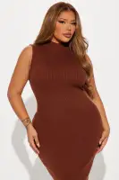 Stylish Sweater Midi Dress - Sleeveless Mock Neck in Hunter & Cognac | Stretch Rayon Blend(Cognac,XS)