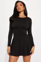 Elegant Black Mini Dress with Corset Waist & Bubble Hem – High Neck Long Sleeve Stretch Polyester