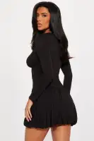 Elegant Black Mini Dress with Corset Waist & Bubble Hem – High Neck Long Sleeve Stretch Polyester(Black,XS)
