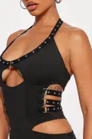 Sexy Black Mini Dress with Cut Outs & Stud Trim – Halter Neck & Bolero Included(Black,XS)