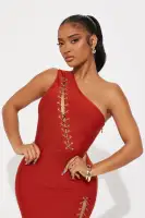 Copper Bandage Midi Dress – One Shoulder Sleeveless with Lace-Up & Slit Back(Copper,XS)