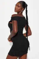 Off-Shoulder Ruched Mini Dress - Stretchy Cotton Blend in Black & Mocha(Black,XS)
