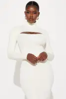 Elegant Square Neck Sleeveless Sweater Midi Dress Set with Bolero - Ivory & Olive(Ivory,XS)