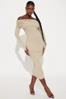 Elegant Off-Shoulder Ruched Midi Dress – Long Sleeves, Stretchy Cotton Blend (Taupe)