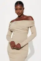 Elegant Off-Shoulder Ruched Midi Dress – Long Sleeves, Stretchy Cotton Blend (Taupe)(Taupe,XS)