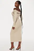 Elegant Off-Shoulder Ruched Midi Dress – Long Sleeves, Stretchy Cotton Blend (Taupe)(Taupe,XS)