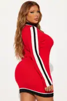 Stylish Red/Combo High Neck Sweater Mini Dress - Long Sleeves, Stretchy Viscose/Spandex Blend, Imported(Red/combo,XS)