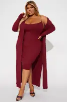 Elegant Black & Wine Midi Dress Set with Cardigan - Adjustable Straps & Stretch Fabric(Wine,XS)