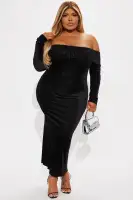 Glitter Velvet Maxi Dress - Off Shoulder Long Sleeves with Hidden Zipper (Black/Teal/Burgundy)(Black,XS)
