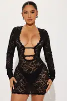 Sexy Black & Rust Lace Mini Dress with Deep V-Neck & Cut Outs - Long Sleeve Stretchy Bodycon Dress with Matching Panty