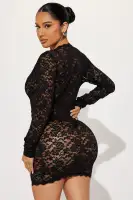 Sexy Black & Rust Lace Mini Dress with Deep V-Neck & Cut Outs - Long Sleeve Stretchy Bodycon Dress with Matching Panty(Black,XS)