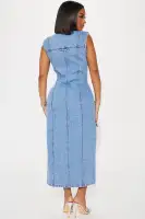 Stylish Denim Maxi Dress - Medium Wash, Sleeveless with Button Front & Pockets - 100% Cotton(MEDIUM Wash,XS)