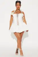 Elegant Lace-Up Corset Bubble Mini Dress - Square Neck Halter with Back Zipper