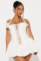 Elegant Lace-Up Corset Bubble Mini Dress - Square Neck Halter with Back Zipper(White,XS)