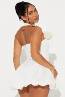 Elegant Lace-Up Corset Bubble Mini Dress - Square Neck Halter with Back Zipper(White,XS)
