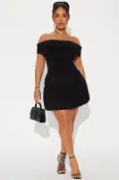 Sexy Black Off-Shoulder Mini Dress with Ruched Bubble Hem – Stretchy & Stylish