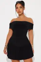 Sexy Black Off-Shoulder Mini Dress with Ruched Bubble Hem – Stretchy & Stylish(Black,XS)