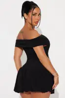 Sexy Black Off-Shoulder Mini Dress with Ruched Bubble Hem – Stretchy & Stylish(Black,XS)