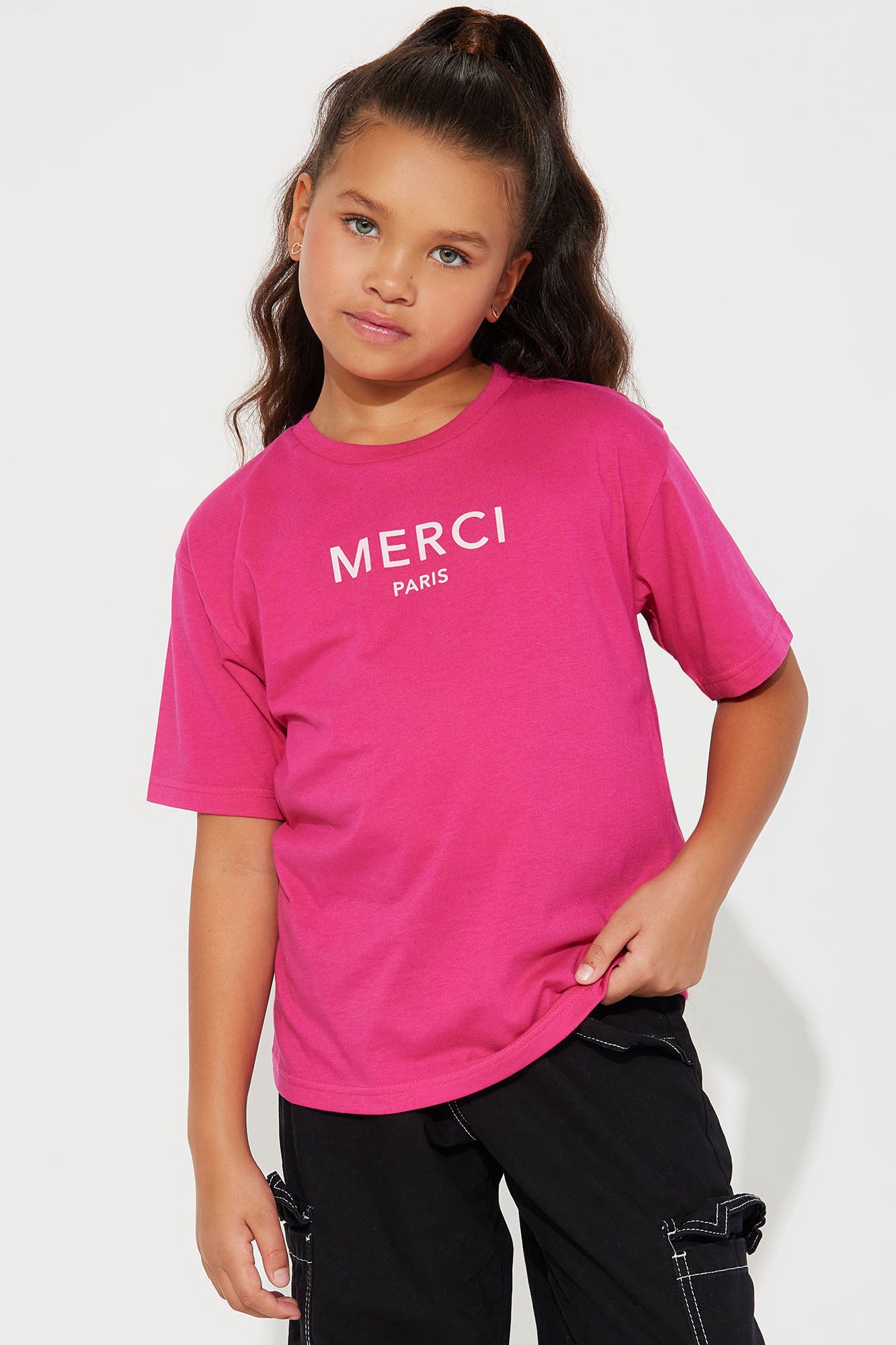 Hot Pink Short Sleeve Crew Neck Screen Print Merci Paris 60% Cotton 40% Polyester T-Shirt