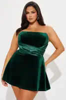Velvet Strapless Mini Dress with Boning & Draped Back - Red/Emerald(Emerald,XS)