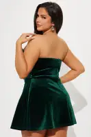Velvet Strapless Mini Dress with Boning & Draped Back - Red/Emerald(Emerald,XS)