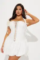 Elegant Lace-Up Corset Bubble Mini Dress - Square Neck Halter with Back Zipper(White,XS)