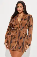 Elegant Brown Mini Blazer Dress with Belt & Long Sleeves – Stylish Button-Up Collar Design(Brown/combo,XS)