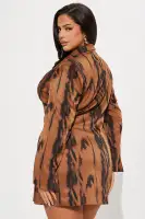 Elegant Brown Mini Blazer Dress with Belt & Long Sleeves – Stylish Button-Up Collar Design(Brown/combo,XS)