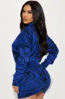 Stylish Abstract Pattern Sweater Mini Dress - Long Dolman Sleeve, Mock Neck, Stretchy Fit (White/Black/Royal)(Royal/combo,XS)