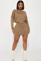 Stylish Olive & Brown Mock Neck Sweater Mini Dress - Long Dolman Sleeves, Loose Top & Tight Bottom Stretch - 36 Length - 83% Polyester 17% Nylon(Brown/combo,XS)