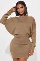 Stylish Olive & Brown Mock Neck Sweater Mini Dress - Long Dolman Sleeves, Loose Top & Tight Bottom Stretch - 36 Length - 83% Polyester 17% Nylon