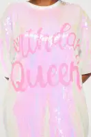 Sparkling 'Birthday Queen' Sequin T-Shirt Dress – White Crew Neck Short Sleeve Party Dress(White,XS)