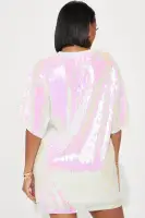 Sparkling 'Birthday Queen' Sequin T-Shirt Dress – White Crew Neck Short Sleeve Party Dress(White,XS)
