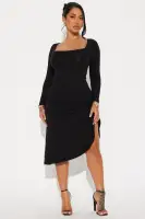 Elegant Ribbed Midi Dress with Tie Back & Asymmetrical Hem - Black, Hunter, Magenta