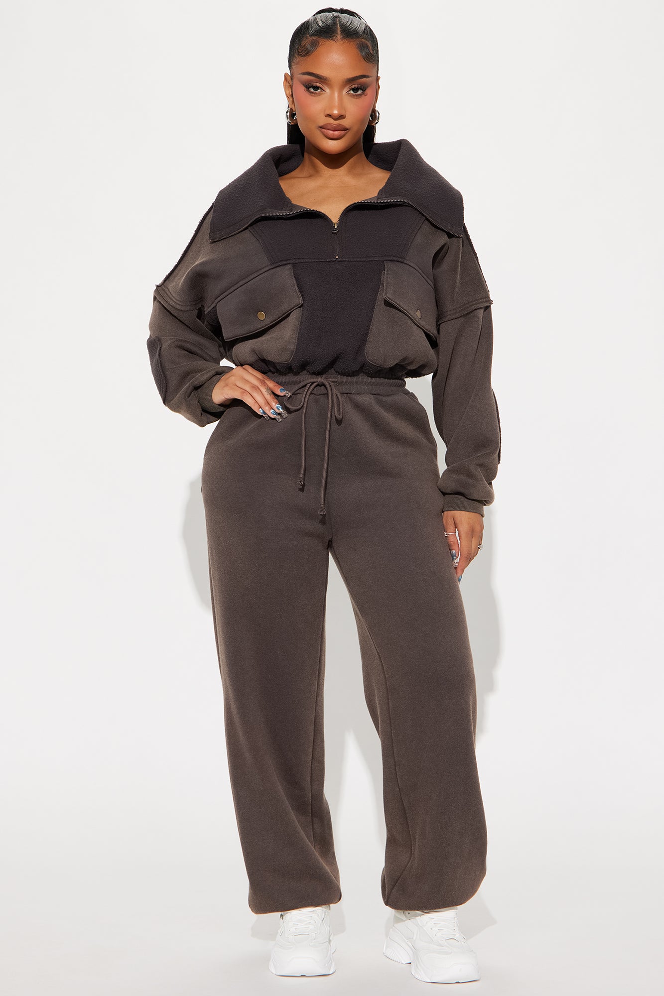 Front Zipper Collar Drawstring Jogger Jumpsuit with Pockets and Stretch Fit