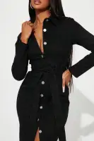 Stylish Denim Maxi Dress with Long Sleeves, Button Front & Tie Waist – Medium Wash & Black Options – 97% Cotton, 3% Spandex(Black,XS)