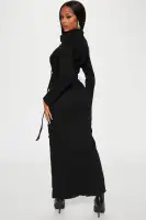 Stylish Denim Maxi Dress with Long Sleeves, Button Front & Tie Waist – Medium Wash & Black Options – 97% Cotton, 3% Spandex(Black,XS)