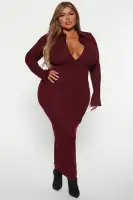 Burgundy Sweater Maxi Dress with Long Bell Sleeves & Back Slit – Stretchy Polyester Blend(Burgundy,XS)