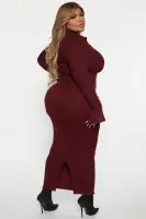Burgundy Sweater Maxi Dress with Long Bell Sleeves & Back Slit – Stretchy Polyester Blend(Burgundy,XS)