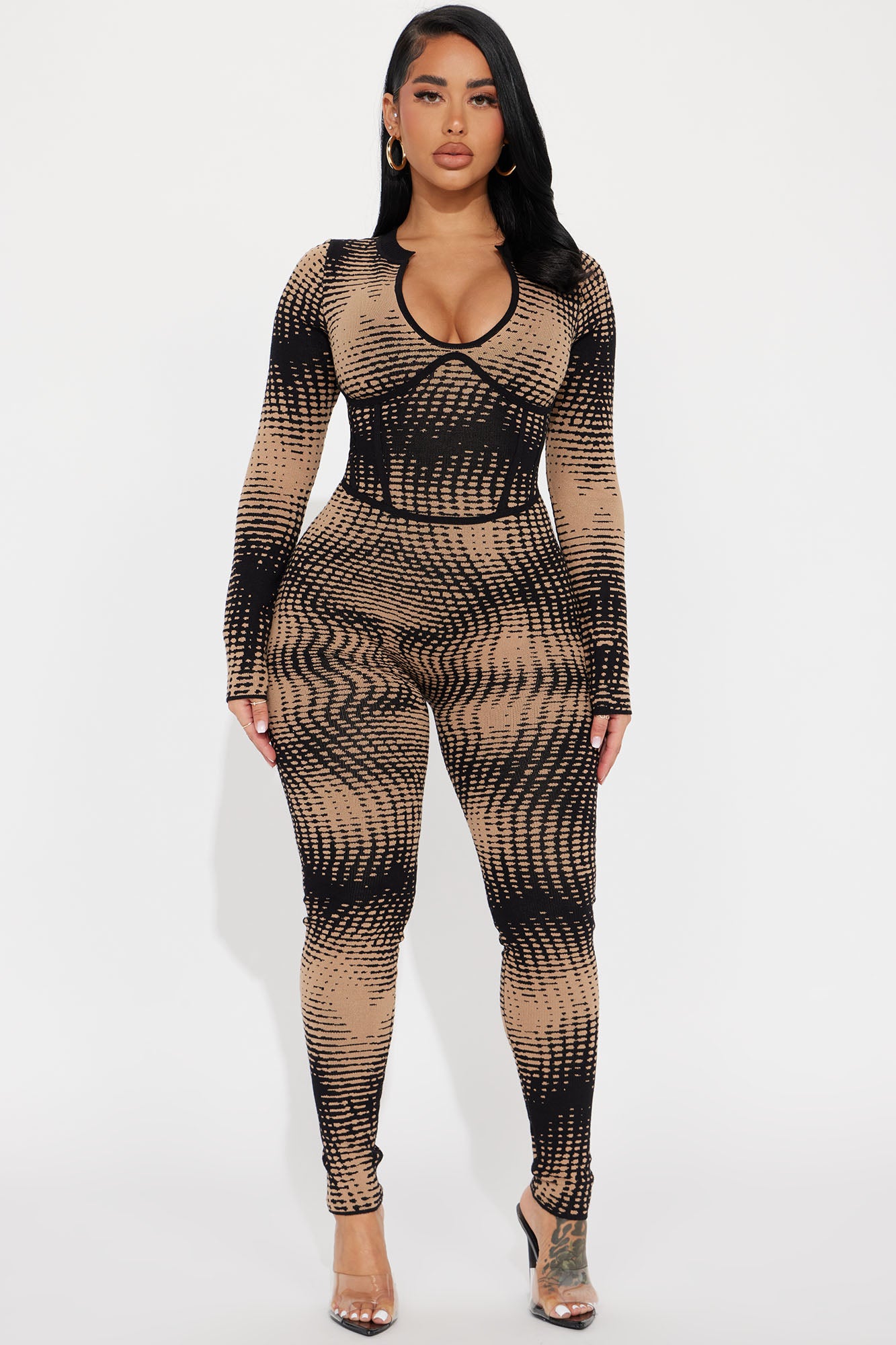 V-Neck Long Sleeve Corset Back Zipper Sweater Jumpsuit Legging Stretch