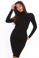 Stylish Stretch Mock Neck Midi Dress - Long Sleeve in 5 Colors (Black, Fuchsia, Mustard, Burgundy, Red)(Black,XS)