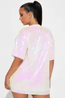 Sparkling 'Birthday Queen' Sequin T-Shirt Dress – White Crew Neck Short Sleeve Party Dress(White,XS)
