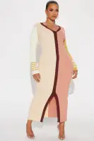 Elegant V-Neck Striped Maxi Cardigan Dress with Front Buttons & Slit – Multi-Color Options(Multi Color,XS)