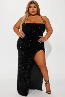 Elegant Sequin Gown with Square Neckline & High Slit – Adjustable Lace-Up Back in Black, Hunter, or Red(Black,XS)