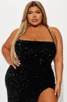 Elegant Sequin Gown with Square Neckline & High Slit – Adjustable Lace-Up Back in Black, Hunter, or Red(Black,XS)