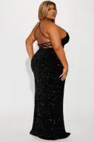 Elegant Sequin Gown with Square Neckline & High Slit – Adjustable Lace-Up Back in Black, Hunter, or Red(Black,XS)